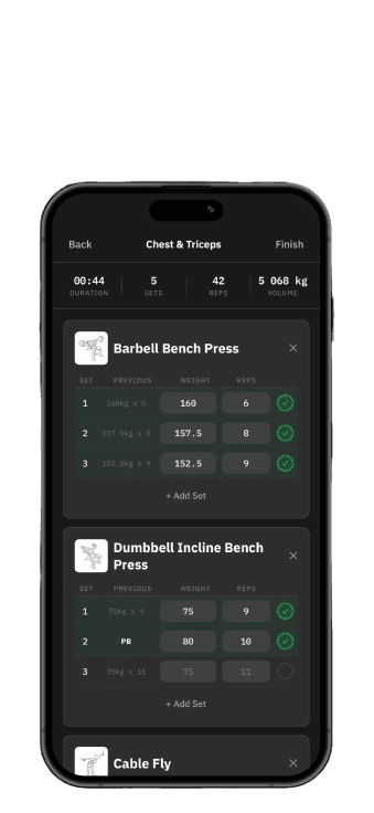 Active workout screen with sets logged for Barbell Bench Press